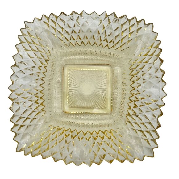 Vintage Square Clear & Yellow Diamond Cut Glass Bowls Set Of 2 - Picture 2 of 5